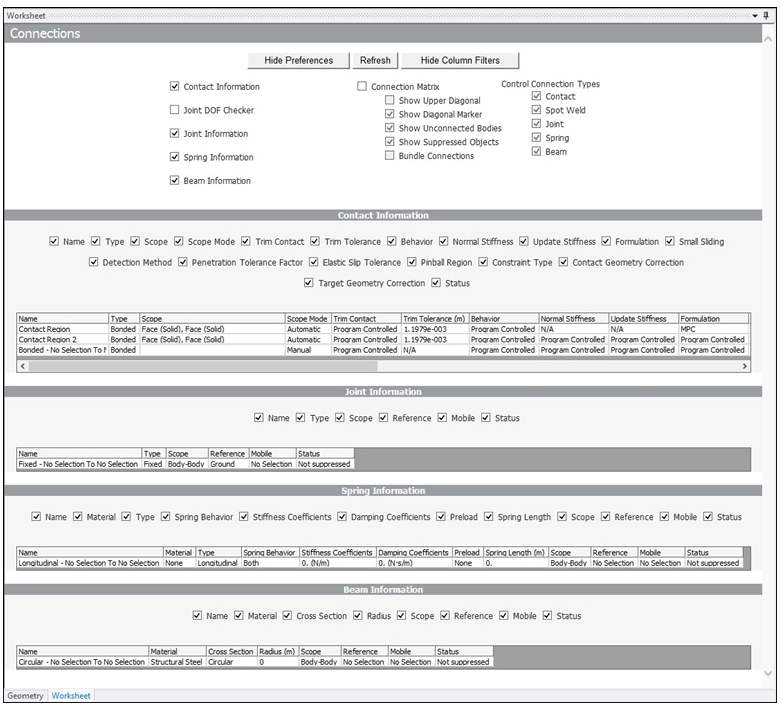 گزینه‌های فیلترینگ در Connections Worksheet 