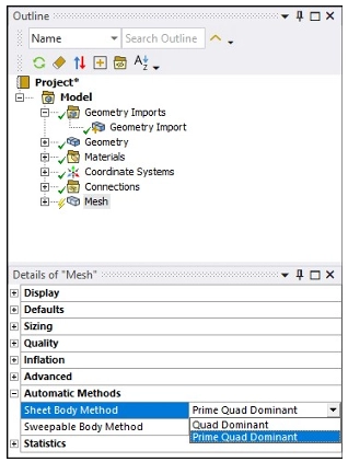 تغییر نام گزینه Prime Mesh در Sheet Body Method به Prime Quad Dominant 