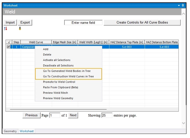 گزینه های Weld Worksheet 